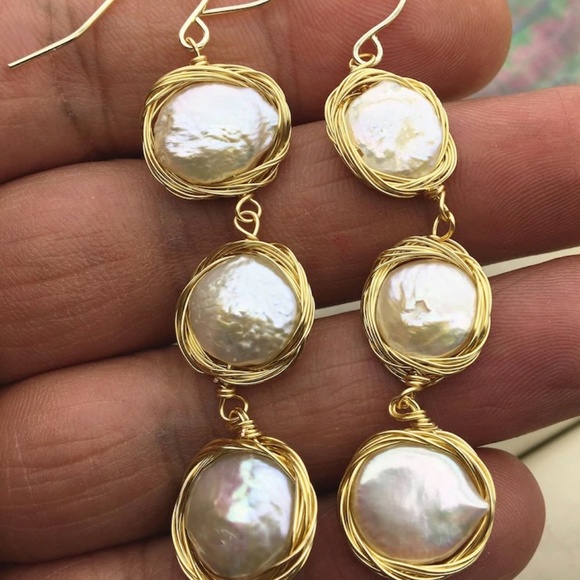 Handmade White 3 Coin Pearl Dangle Earring 14K Yellow Gold Plate - Picture 1 of 6